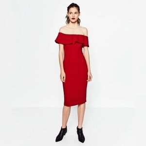 Zara Red Off Shoulder Midi Dress